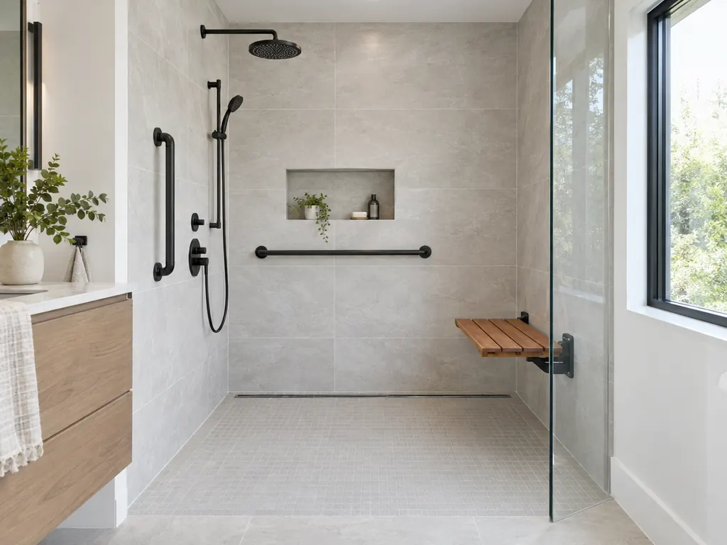 Curbless walk-in shower with a linear drain, fold-down teak bench, grab bars and handheld shower