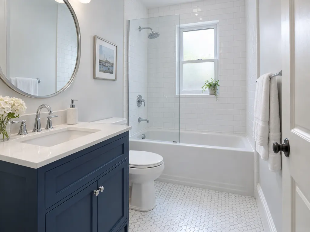 Small bathroom with a navy vanity, white hexagon floor tile and a tub-shower with subway tile