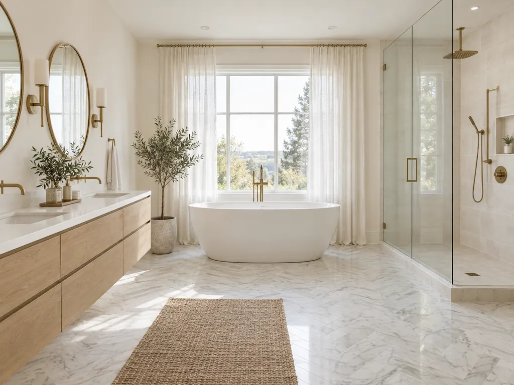 Spa-style bathroom with a freestanding tub, marble herringbone floor, oak double vanity and glass shower