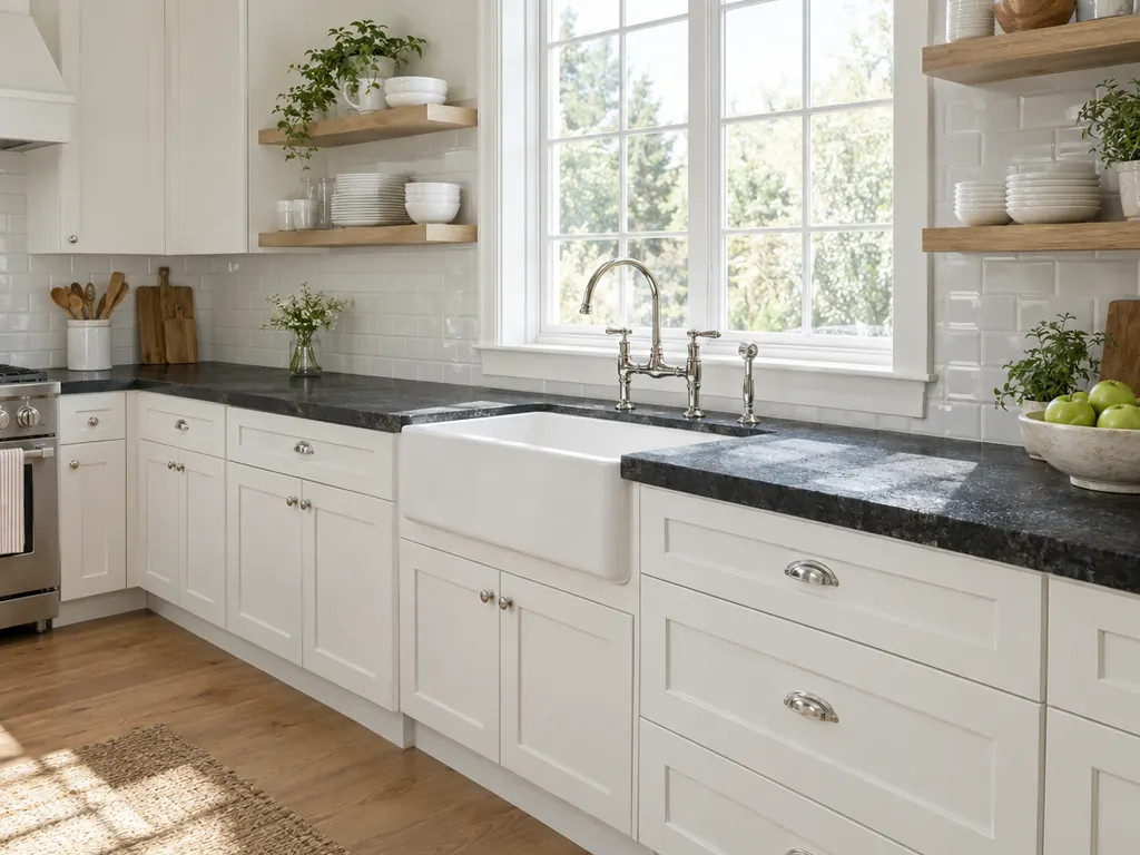 Leathered black granite countertops with white shaker cabinets and a farmhouse sink