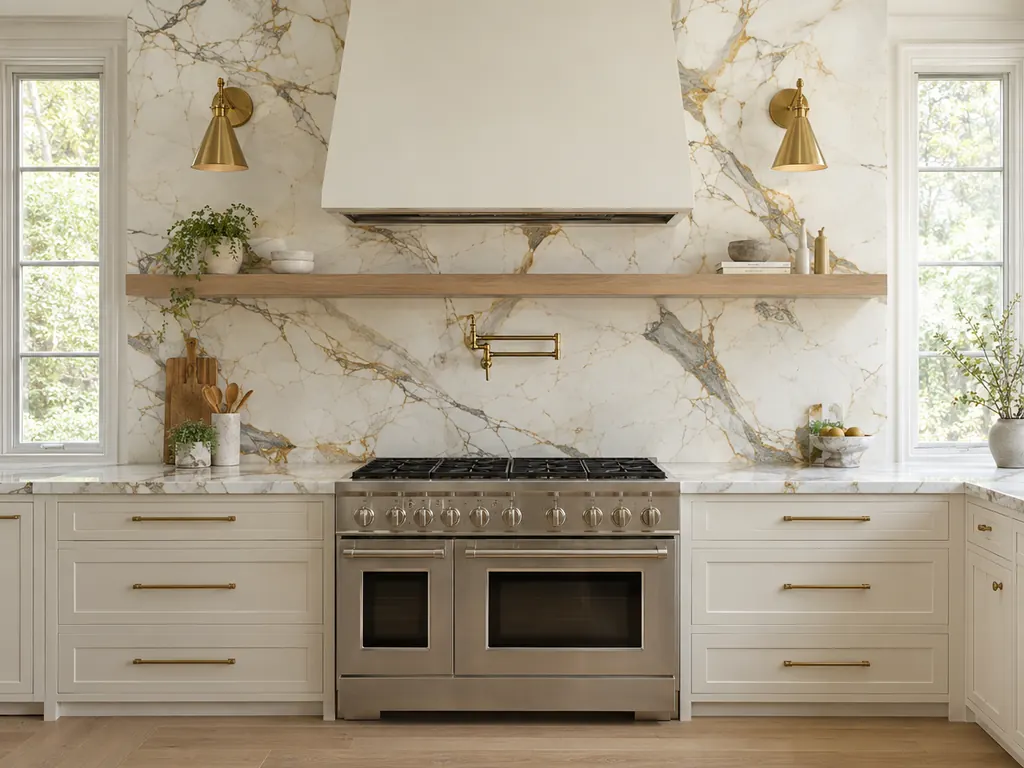Calacatta-look porcelain slab countertops and full-height backsplash behind a professional range