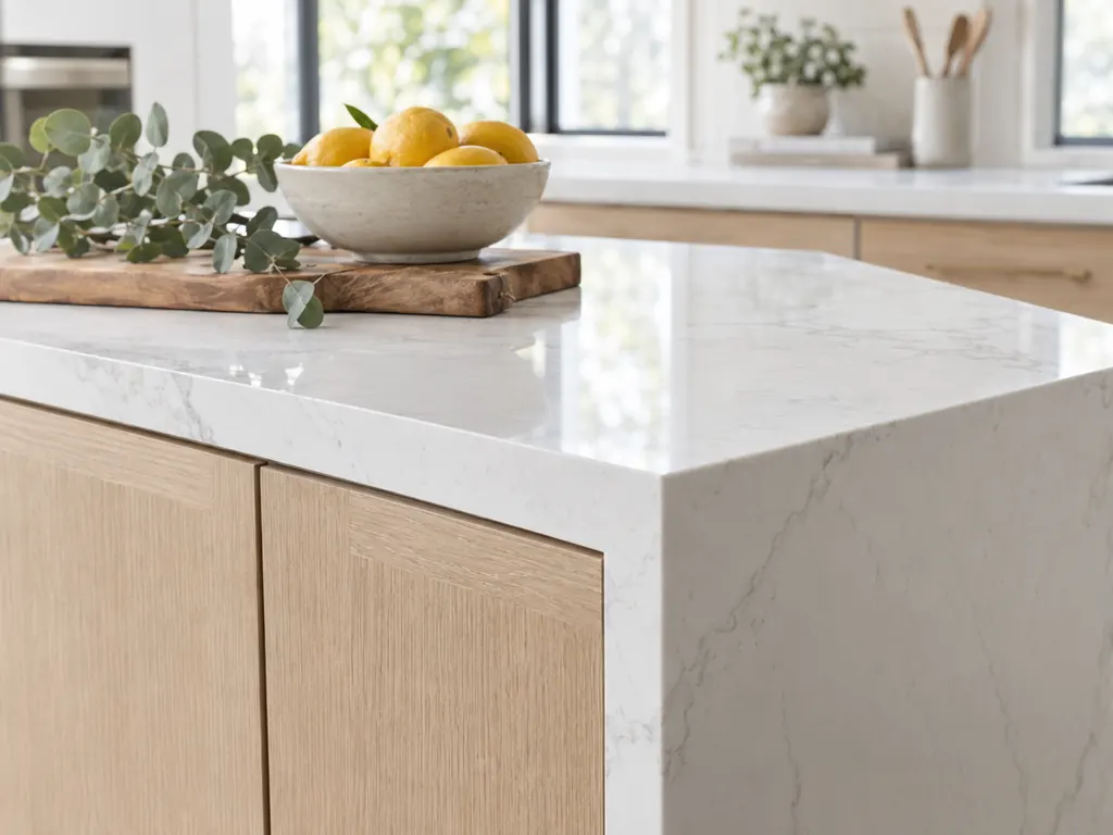 Close-up of a white quartz island countertop with a mitered waterfall edge