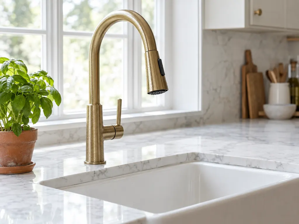 Brushed brass pull-down kitchen faucet over a white farmhouse sink