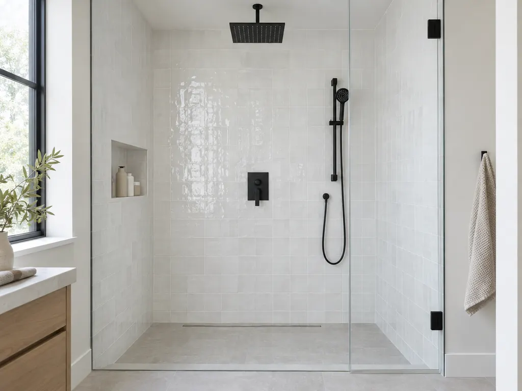 Matte black shower system with a ceiling rain head, thermostatic valve and handheld shower