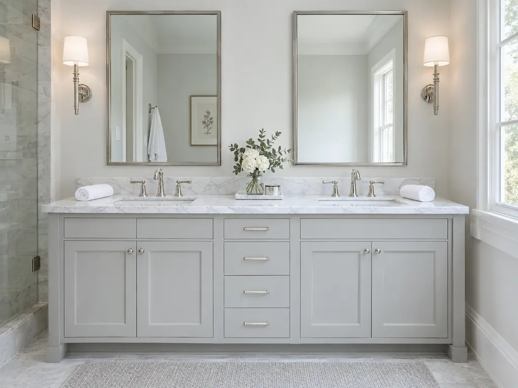 Double vanity with polished nickel widespread faucets, matching sconces and a marble top