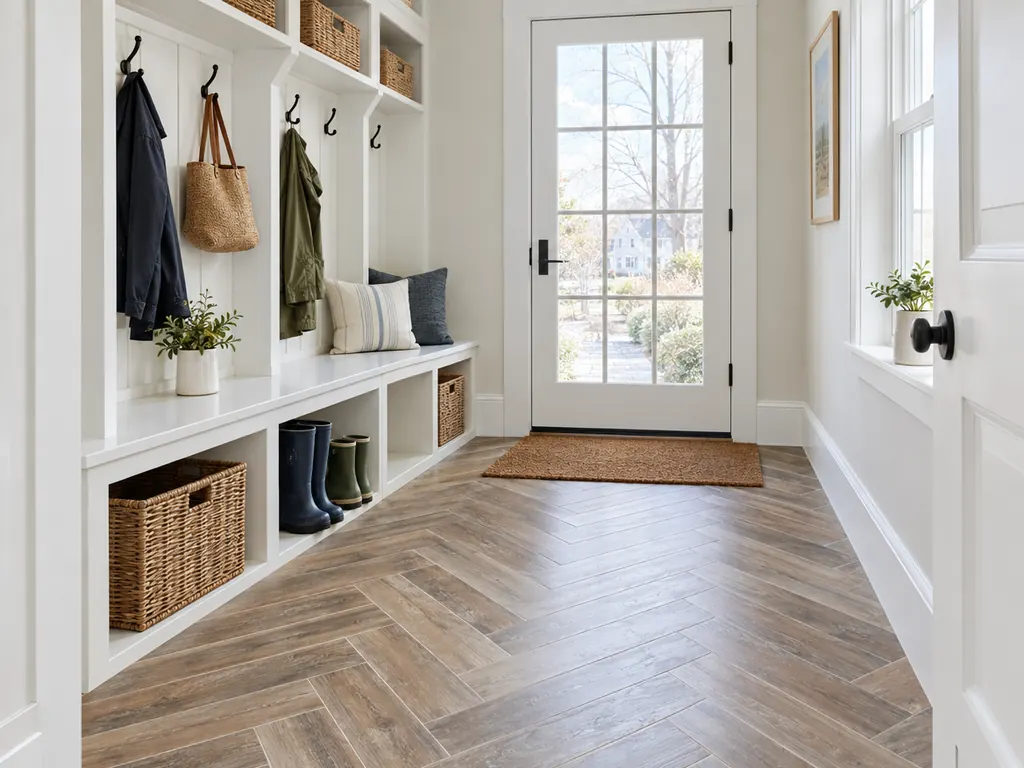 Mudroom with herringbone wood-look porcelain tile floor, built-in bench and cubbies