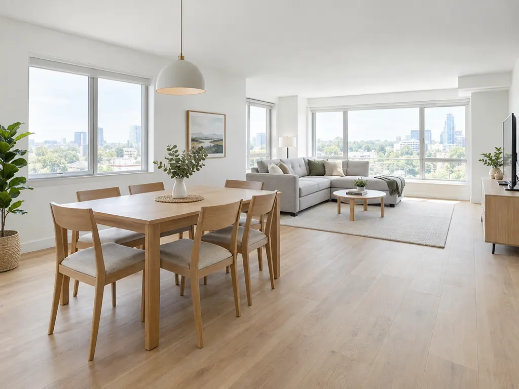 Open condo living and dining area with light oak-look waterproof luxury vinyl plank flooring