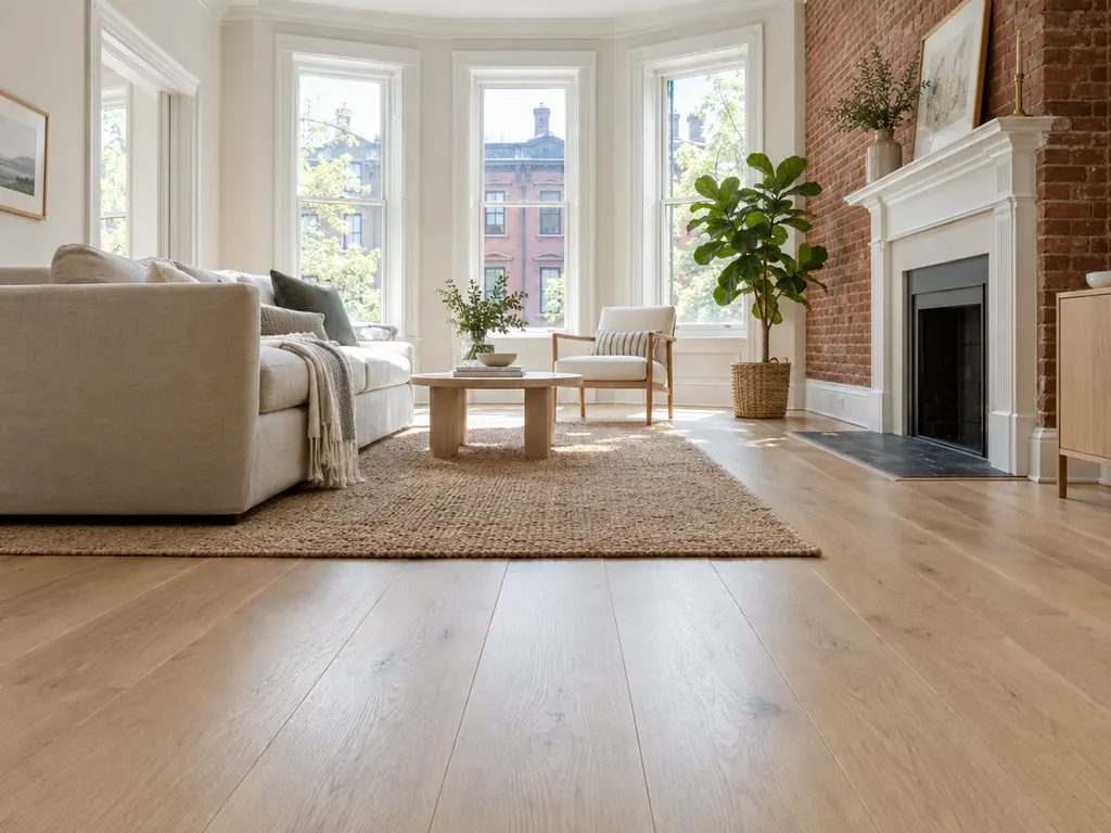 Brownstone living room with wide-plank white oak hardwood floors and an exposed brick wall