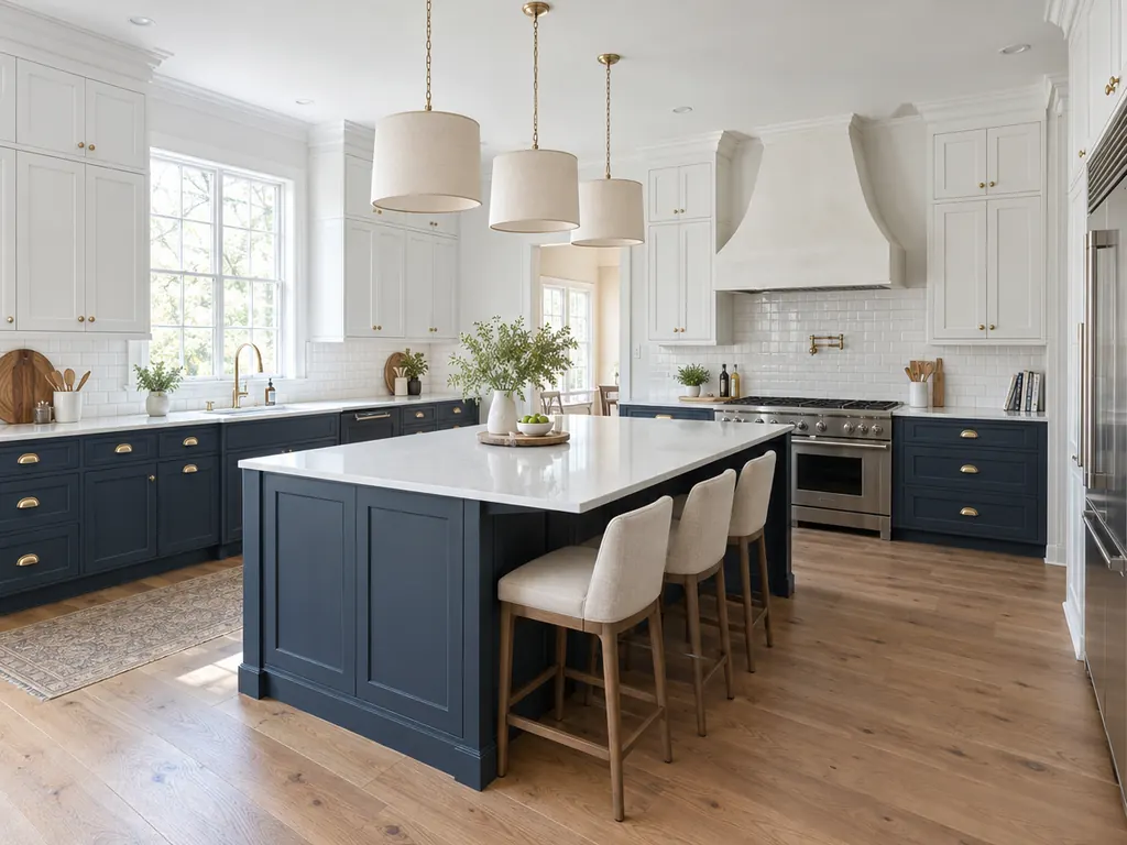 Kitchen with navy shaker lower cabinets, white upper cabinets, brass hardware and a white quartz island