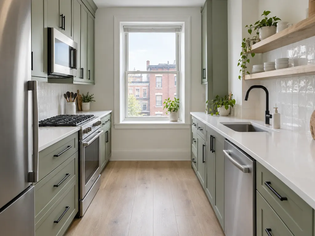 Compact galley kitchen with sage green shaker cabinets, black pulls and white quartz counters