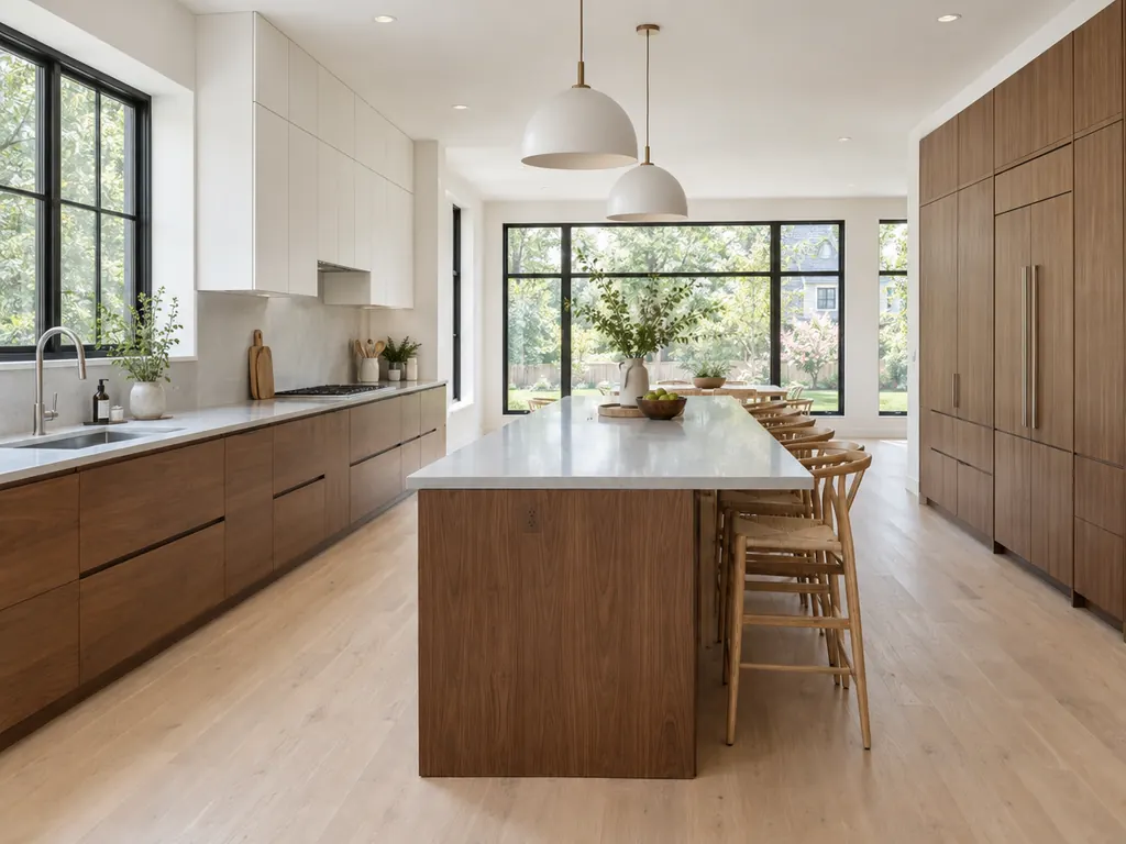 Open kitchen with flat-panel walnut cabinets, white handleless uppers and a long quartz island