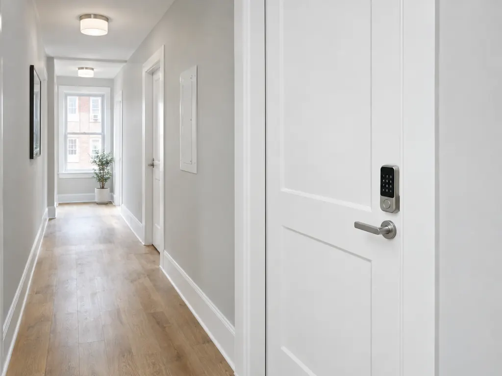 Apartment door with a satin nickel keypad smart lock in a renovated hallway