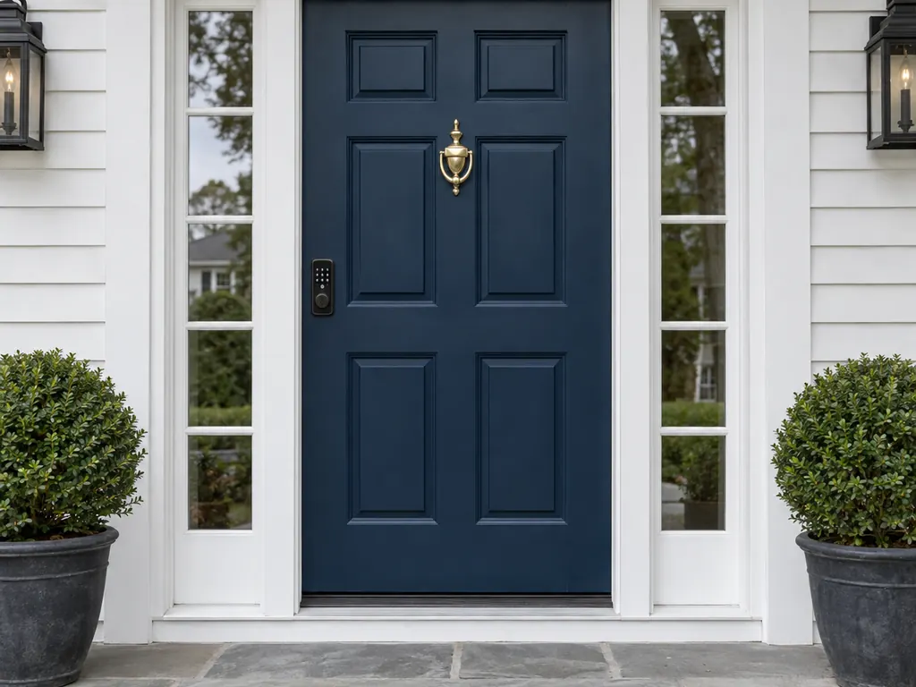 Navy front door with a matte black keypad smart lock and a brass door knocker
