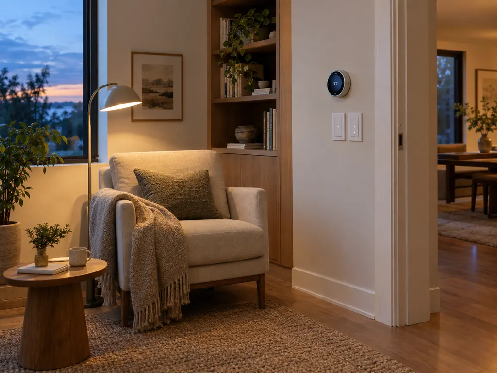 Living room wall with a round smart thermostat and smart light switches
